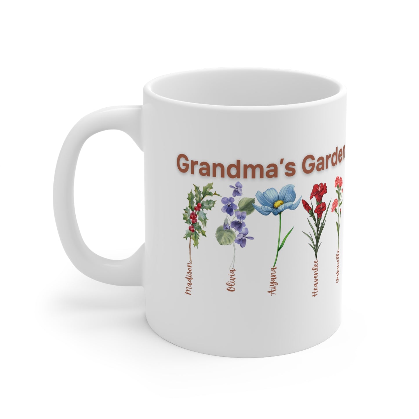 Custom Grandmas Garden with Names Mug, Personalized birth month flowers, 11oz