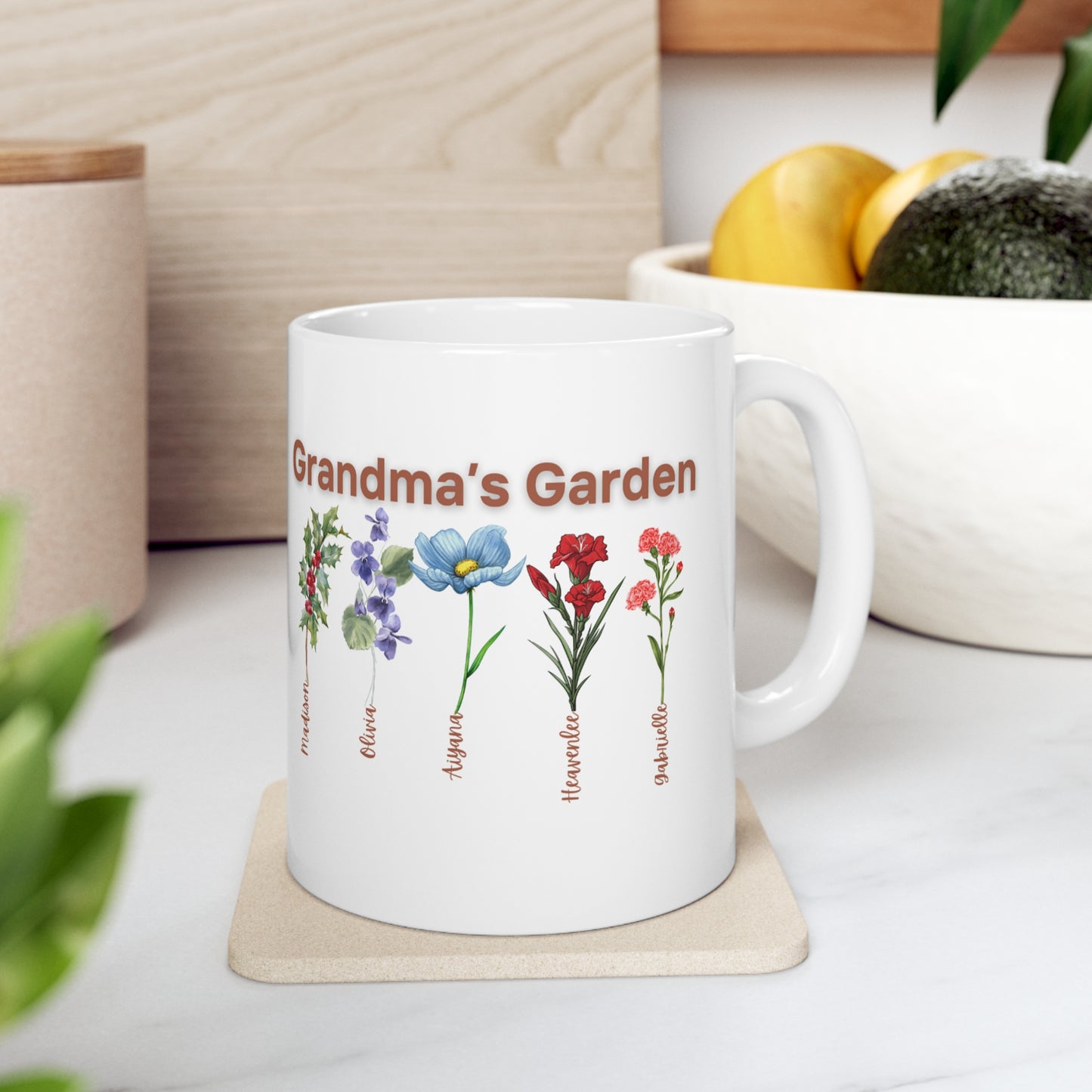 Custom Grandmas Garden with Names Mug,  Personalized birth month flowers, 11oz