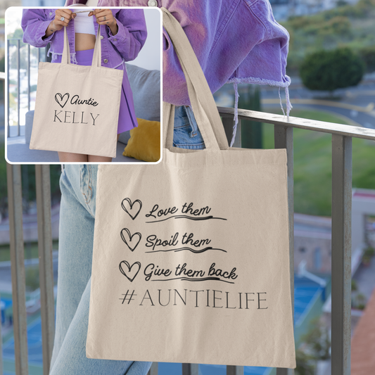 Auntie Life Cotton Canvas Tote Bag with Custom Aunt Name