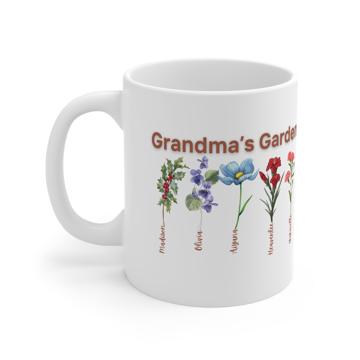 Custom Grandmas Garden with Names Mug,  Personalized birth month flowers, 11oz