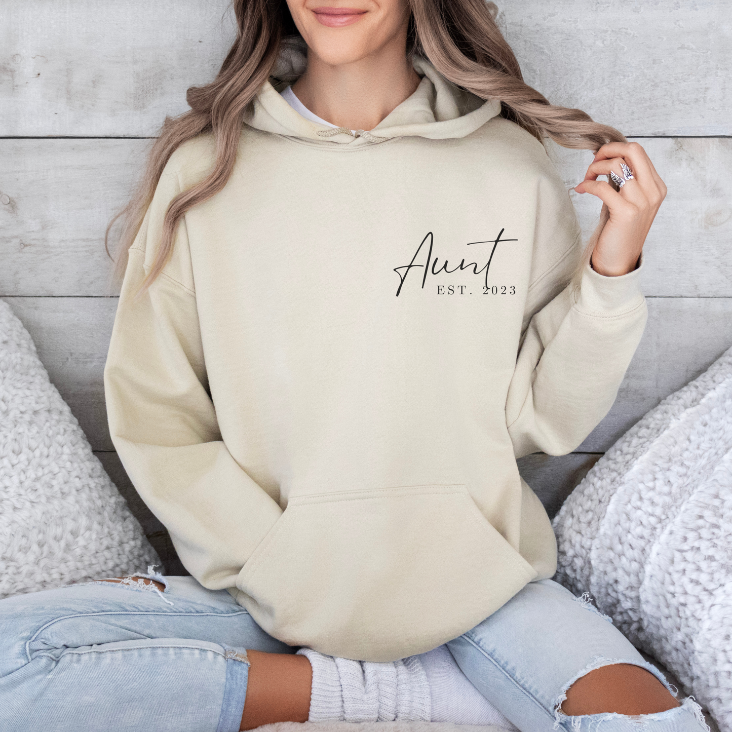 Custom Aunt EST Hoodie, Personalized Kids Names On Sleeve