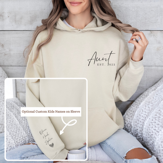 Custom Aunt EST Hoodie, Personalized Kids Names On Sleeve